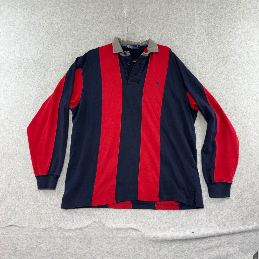 Polo Ralph Lauren Rugby Shirt Mens Large Red Blue Long Sleeve Denim Collar 90s